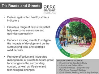 EVIDENCE BASE STUDIES:
- Environmental Standards Study
- Infrastructure Delivery Plan
- Old Oak Strategic Transport Study
- Park Royal Transport Strategy
- Public Realm, Walking and Cycling Strategy
T1: Roads and Streets
• Deliver against ten healthy streets
indicators
• Provide a range of new streets that
help overcome severance and
optimise connectivity
• Enhance existing streets to mitigate
the impacts of development on the
surrounding local and strategic
road network
• Promote effective and integrates
management of streets to future-proof
for changes in the surrounding
context, as well as life-style and
technological changes
 