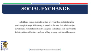 CLICK TO EDIT MASTER TITLE STYLE
| National Leadership & Development Seminar 2014|
SOCIAL EXCHANGE
Individuals engage in relations that are rewarding in both tangible
and intangible ways. This theory is based on the idea that relationships
develop as a result of cost-benefit analyses. Individuals seek out rewards
in interactions with others and are willing to pay a cost for said rewards.
 