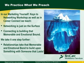 Respect and Care | www.rescare.com 7Copyrighted Proprietary ResCare, Inc. ERS template 1 11
We Practice What We Preach
In our Marketing Yourself: Keys to
Networking Workshop as well as in
Career Connect we teach:
 Networking is just on the Surface
 Connecting is building that
Memorable and Emotional Bound.
We take it one step further:
 Relationships take that Memorable
and Emotional Bond to build upon
Something with Someone that Lasts!
 