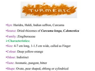 •Syn: Haridra, Haldi, Indian saffron, Curcuma
•Source: Dried rhizomes of Curcuma longa, C.domestica
•Family: Zingiberaceae
Characteristics:
•Size: 4-7 cm long, 1-1.5 cm wide, called as Finger
•Colour: Deep yellow-orange
•Odour: Indistinct
•Taste: Aromatic, pungent, bitter
•Shape: Ovate, pear shaped, oblong or cylindrical
 