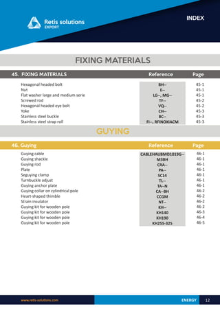 ENERGY
www.retis-solutions.com 12
INDEX
45. FIXING MATERIALS Reference Page
45-1
45-1
45-1
45-2
45-2
45-3
45-3
45-3
BH--
E--
LG--, MG--
TF--
VQ--
CH--
BC--
FI--, RFINOXIACM
46. Guying Reference Page
46-1
46-1
46-1
46-1
46-1
46-1
46-1
46-2
46-2
46-2
46-2
46-3
46-4
46-5
CABLEHAUBMO1019G--
M3BH
CRA--
PA--
SC14
TL--
TA--N
CA--BH
CCGM
NT--
KH--
KH140
KH190
KH255-325
FIXING MATERIALS
GUYING
Hexagonal headed bolt
Nut
Flat washer large and medium serie
Screwed rod
Hexagonal headed eye bolt
Yoke
Stainless steel buckle
Stainless steel strap roll
Guying cable
Guying shackle
Guying rod
Plate
Seguying clamp
Turnbuckle adjust
Guying anchor plate
Guying collar on cylindrical pole
Heart-shaped thimble
Strain insulator
Guying kit for wooden pole
Guying kit for wooden pole
Guying kit for wooden pole
Guying kit for wooden pole
 