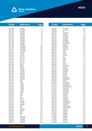 www.retis-solutions.com 8
INDEX
Reference Page
Codet Reference Page
Codet
ENERGY
68 69 039
68 69 043
68 69 053
68 69 055
68 69 057
68 80 535
68 80 540
68 80 542
68 80 544
68 80 546
68 80 548
68 80 673
68 80 674
68 80 675
68 80 676
68 86 070
68 86 173
68 86 201
68 86 201
68 86 374
68 86 377
68 86 379
68 86 380
68 86 381
68 86 382
68 86 383
68 86 425
68 86 425
68 86 427
68 86 429
68 86 652
68 86 654
68 86 661
68 86 900
68 86 900
68 88 752
69 34 035
69 34 037
69 34 038
69 35 110
69 43 007
69 43 009
69 43 013
69 43 016
69 60 630
69 82 150
69 82 156
69 82 158
69 82 158
69 82 200
69 82 202
69 82 250
69 82 252
69 82 777
69 82 814
69 82 820
69 82 830
69 82 833
69 82 873
72 33 601
72 33 602
72 33 605
72 33 641
72 33 642
AVI1L1200
ECARTEUR
FIU
DITRBH100
DITRVR2
GPT30X30
GPT35X35
GPC60X60
GPC90X90
GPC140X50
GPC120X120
AVIRIS60
AVIRIS150
AVIRID60
AVIRID150
ETALU
SBUO
FERLIM
FERLIM
SPP
SPH61
FSPEC
FSPEL
FSPETC
FSPETL
FSPPLATINE
FSPSYH61
FSPSYH61
FSPSYERAS
FSPSYCAB
BIC1530
BIC3050
BIC5090
RFINOXIACM
RFINOXIACM
PR101C
DISJD165CD
DISJD165CPLT
DISJD265CPLT
BLOCNUMERIQUE
TRCAL125A
TRCAL200A
TRCAL250A
TRCAL400A
PPG54148
TIPI4500
TIPI81200
TIPI81800
TIPI81800
TIPIDM400ASF
TIPIDP400ASF
TIPIBE115
TIPIFIXSOLTIPI8
TRDEPMONOVIS
1006230
TIPICLEISOL
1006376
1006388
TRPROTPF
TRINIA50
1009763
IACM50A
1010216
1010226
44-1
44-4
2-4
2-3
2-3
39-3
39-3
39-3
39-3
39-3
39-3
44-2
44-2
44-2
44-2
14-1
23-2
17-4
17-6
17-7
17-7
17-7
17-7
17-7
17-7
17-7
17-1
17-4
17-2
17-4
37-1
37-1
37-1
19-2
45-3
20-5
38-1
38-1
38-1
38-1
42-2
42-2
42-2
42-2
14-1
42-1
42-1
42-1
42-1
42-1
42-1
42-1
42-1
42-2
42-2
42-1
42-2
42-2
42-2
19-1
19-1
19-1
19-2
19-2
68 57 266
68 57 274
68 57 275
68 57 276
68 57 277
68 57 278
68 57 285
68 57 286
68 57 287
68 57 288
68 57 289
68 57 290
68 57 418
68 57 425
68 57 436
68 57 440
68 60 303
68 60 305
68 60 451
68 60 452
68 60 453
68 60 563
68 61 014
68 61 103
68 61 350
68 61 352
68 61 354
68 61 358
68 61 360
68 61 386
68 61 400
68 61 404
68 61 406
68 61 410
68 61 412
68 61 470
68 61 471
68 62 048
68 62 056
68 62 129
68 62 136
68 62 143
68 62 155
68 62 180
68 63 008
68 63 012
68 63 017
68 63 433
68 64 102
68 65 144
68 65 149
68 65 204
68 66 010
68 66 011
68 69 005
68 69 022
68 69 025
68 69 026
68 69 027
68 69 033
68 69 034
68 69 035
68 69 036
68 69 037
NV26080
NV27050
NV27060
NV27070
NV27080
NV27090
NV28050
NV28060
NV28070
NV28080
NV28090
NV29090
CNV160BH
CNV180BH
CNV200BH
CNV240BH
65 95 E2
65 20 B5
65 95 E2
65 150 E2
65 76 A2
67 76 A2
64 93 A2
66 76 A2
ABT34L
ABT54L
ABT75L
ABT148L
AB228AR
AB147LR
AB38ALR
AB60ALR
AB75ALR
AB116AR
AB147AR
ADB1
ADB2
E14120
E14200
E14350
E14400
E14450
E14500
ECNW
OL40
OR70
OR1
M13AD
P250R
RL40300
RL70300
RL40600
BS40
BS70
AVIPP300
DELAIR
CD40
CD70
DC
AVI1C1200
AVI1C500
AVI2C500
AVI3C500
AVI1L500
3-2
3-2
3-2
3-2
3-2
3-2
3-2
3-2
3-2
3-2
3-2
3-2
10-1
10-1
10-1
10-1
13-3
13-3
13-3
13-3
13-3
13-3
13-4
13-4
15-2
15-2
15-2
15-2
15-2
15-3
15-3
15-3
15-3
15-3
15-3
16-1
16-1
13-1
13-1
13-1
13-1
13-1
13-1
13-1
13-1
13-1
13-1
13-2
13-1
13-1
13-1
13-1
13-1
13-1
44-5
13-2
13-2
13-2
13-2
44-1
44-1
44-1
44-1
44-1
 