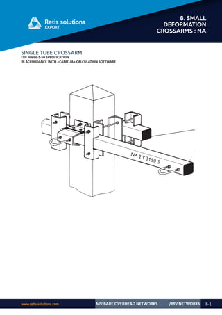 www.retis-solutions.com MV BARE OVERHEAD NETWORKS 8-1
8. SMALL
DEFORMATION
CROSSARMS : NA
/MV NETWORKS
SINGLE TUBE CROSSARM
EDF HN 66-S-50 SPECIFICATION
IN ACCORDANCE WITH «CAMELIA» CALCULATION SOFTWARE
 