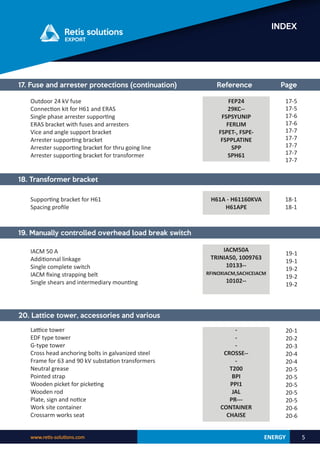 ENERGY
www.retis-solutions.com 5
INDEX
18. Transformer bracket
Supporting bracket for H61
Spacing profile
H61A - H61160KVA
H61APE
18-1
18-1
17. Fuse and arrester protections (continuation) Reference Page
Outdoor 24 kV fuse
Connection kit for H61 and ERAS
Single phase arrester supporting
ERAS bracket with fuses and arresters
Vice and angle support bracket
Arrester supporting bracket
Arrester supporting bracket for thru going line
Arrester supporting bracket for transformer
FEP24
29KC--
FSPSYUNIP
FERLIM
FSPET-, FSPE-
FSPPLATINE
SPP
SPH61
17-5
17-5
17-6
17-6
17-7
17-7
17-7
17-7
17-7
IACM 50 A
Additionnal linkage
Single complete switch
IACM fixing strapping belt
Single shears and intermediary mounting
19. Manually controlled overhead load break switch
IACM50A
TRINIA50, 1009763
10133--
RFINOXIACM,SACHCEIACM
10102--
19-1
19-1
19-2
19-2
19-2
Lattice tower
EDF type tower
G-type tower
Cross head anchoring bolts in galvanized steel
Frame for 63 and 90 kV substation transformers
Neutral grease
Pointed strap
Wooden picket for picketing
Wooden rod
Plate, sign and notice
Work site container
Crossarm works seat
20. Lattice tower, accessories and various
-
-
-
CROSSE--
-
T200
BPI
PPI1
JAL
PR---
CONTAINER
CHAISE
20-1
20-2
20-3
20-4
20-4
20-5
20-5
20-5
20-5
20-5
20-6
20-6
 