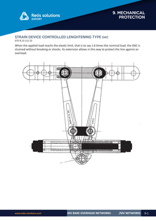 www.retis-solutions.com MV BARE OVERHEAD NETWORKS 9-1
9. MECHANICAL
PROTECTION
/MV NETWORKS
STRAIN DEVICE CONTROLLED LENGHTENING TYPE DAC
GTE B 23 112 23
When the applied load reachs the elastic limit, that is to say 1.6 times the nominal load, the DAC is
strained without breaking or shocks. Its extension allows in this way to protect the line against an
overload.
 