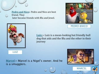 Marcel:- Marcel is a Nigel’s owner. And he
is a smugglers.
MARCEL
5
Pedro and Nico:- Pedro and Nico are best
friend. They
later became friends with Blu and Jewel.
PEDRO &NICO
LUIZ
Luiz :- Luiz is a mean-looking but friendly bull
dog that aids and the Blu and the other in their
journey
 