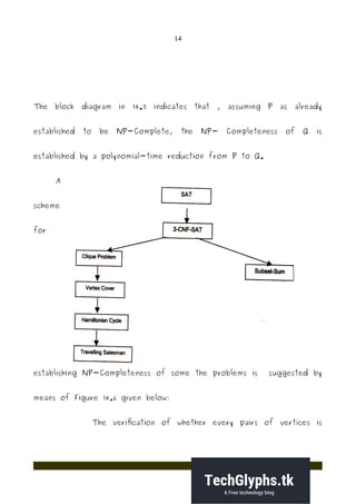 14
The block diagram in 14.5 indicates that , assuming P as already
established to be NP-Complete, the NP- Completeness of Q is
established by a polynomial-time reduction from P to Q.
A
scheme
for
establishing NP-Completeness of some the problems is suggested by
means of Figure 14.6 given below:
The verification of whether every pairs of vertices is
 