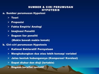 SUMBER & CIRI PERUMUSAN
                         HYPOTESIS
a. Sumber perumusan Hypotesi
    Teori
    Proposisi
    Fakta Empiris/ Analogi
    Imajinasi Peneliti
    Dugaan liar peneliti
      (Makin bawah makin lemah)
b. Ciri–ciri perumusan Hypotesis
    Kalimat Deklaratif/ Pernyataan
    Menghubungkan dua atau lebih konsep/ variabel
    Jelas bentuk hubungannya (Komporasi/ Korelasi)
    Dapat diukur dan diuji (lertable)
    Dugaan bersifat tentatif
 