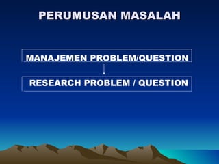 PERUMUSAN MASALAH


MANAJEMEN PROBLEM/QUESTION

RESEARCH PROBLEM / QUESTION
 