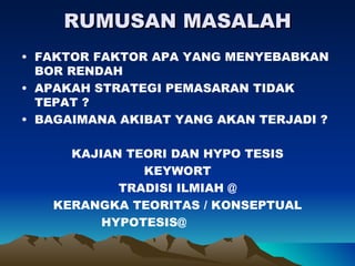 RUMUSAN MASALAH
• FAKTOR FAKTOR APA YANG MENYEBABKAN
  BOR RENDAH
• APAKAH STRATEGI PEMASARAN TIDAK
  TEPAT ?
• BAGAIMANA AKIBAT YANG AKAN TERJADI ?

     KAJIAN TEORI DAN HYPO TESIS
              KEYWORT
           TRADISI ILMIAH @
   KERANGKA TEORITAS / KONSEPTUAL
         HYPOTESIS@
 