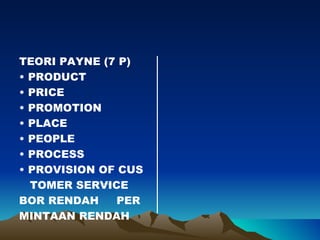 TEORI PAYNE (7 P)
• PRODUCT
• PRICE
• PROMOTION
• PLACE
• PEOPLE
• PROCESS
• PROVISION OF CUS
  TOMER SERVICE
BOR RENDAH     PER
MINTAAN RENDAH
 