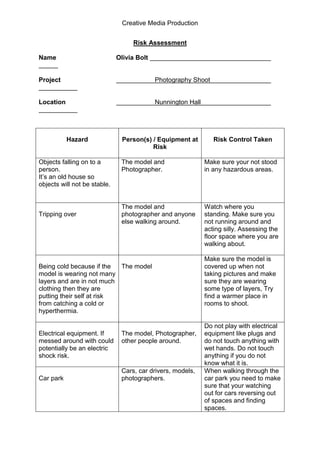 Creative Media Production
Risk Assessment
Name

Olivia Bolt

Project

Photography Shoot

Location

Nunnington Hall

Hazard

Objects falling on to a
person.
It’s an old house so
objects will not be stable.

Tripping over

Person(s) / Equipment at
Risk
The model and
Photographer.

Make sure your not stood
in any hazardous areas.

The model and
photographer and anyone
else walking around.

Watch where you
standing. Make sure you
not running around and
acting silly. Assessing the
floor space where you are
walking about.

Being cold because if the
The model
model is wearing not many
layers and are in not much
clothing then they are
putting their self at risk
from catching a cold or
hyperthermia.

Electrical equipment. If
messed around with could
potentially be an electric
shock risk.

Car park

Risk Control Taken

The model, Photographer,
other people around.

Cars, car drivers, models,
photographers.

Make sure the model is
covered up when not
taking pictures and make
sure they are wearing
some type of layers, Try
find a warmer place in
rooms to shoot.

Do not play with electrical
equipment like plugs and
do not touch anything with
wet hands. Do not touch
anything if you do not
know what it is.
When walking through the
car park you need to make
sure that your watching
out for cars reversing out
of spaces and finding
spaces.

 