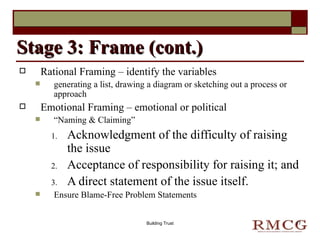 Rational Framing – identify the variables generating a list, drawing a diagram or sketching out a process or approach Emotional Framing – emotional or political “ Naming & Claiming” Acknowledgment of the difficulty of raising the issue Acceptance of responsibility for raising it; and A direct statement of the issue itself. Ensure Blame-Free Problem Statements Stage 3: Frame (cont.) Building Trust 