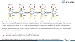 The mathematics that computes this change is multiplicative, which means that the gradient calculated in a step that is deep in the neural
network will be multiplied back through the weights earlier in the network. Said differently, the gradient calculated deep in the network is
"diluted" as it moves back through the net, which can cause the gradient to vanish - giving the name to the vanishing gradient problem!
The actual factor that is multiplied through a recurrent neural network in the backpropagation algorithm is referred to by the mathematical
variable Wrec. It poses two problems:
● When Wrec is small, we experience a vanishing gradient problem
● When Wrec is large, we experience an exploding gradient problem
Note that both of these problems are generally referred to by the simpler name of the "vanishing gradient problem".
 