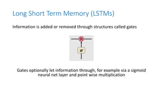 Long Short Term Memory (LSTMs)
Information is added or removed through structures called gates
Gates optionally let information through, for example via a sigmoid
neural net layer and point wise multiplication
 