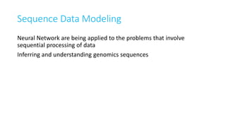 Sequence Data Modeling
Neural Network are being applied to the problems that involve
sequential processing of data
Inferring and understanding genomics sequences
 