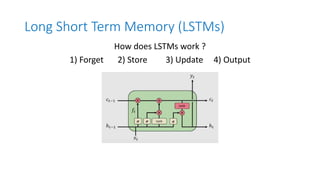 Long Short Term Memory (LSTMs)
How does LSTMs work ?
1) Forget 2) Store 3) Update 4) Output
 