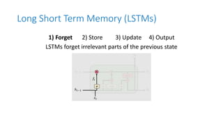 Long Short Term Memory (LSTMs)
1) Forget 2) Store 3) Update 4) Output
LSTMs forget irrelevant parts of the previous state
 