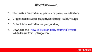 1. Start with a foundation of primary or proactive indicators
2. Create health scores customized to each journey stage
3. Collect data and refine as you go along
4. Download the “How to Build an Early Warning System”
White Paper from Totango.com
KEY TAKEAWAYS
 