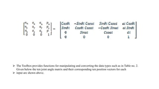  The Toolbox provides functions for manipulating and converting the data types such as in Table no. 2.
Given below the ten joint angle matrix and their corresponding ten position vectors for each
 input are shown above.
 