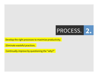 PROCESS.
Eliminate wasteful practices.
Develop the right processes to maximize productivity.
Continually improve by questioning the “why?”
2.
 