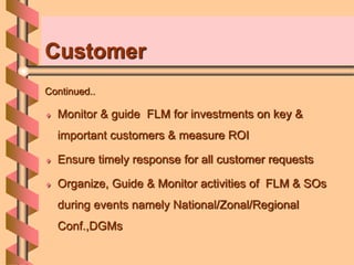 Customer
Continued..
 Monitor & guide FLM for investments on key &
important customers & measure ROI
 Ensure timely response for all customer requests
 Organize, Guide & Monitor activities of FLM & SOs
during events namely National/Zonal/Regional
Conf.,DGMs
 