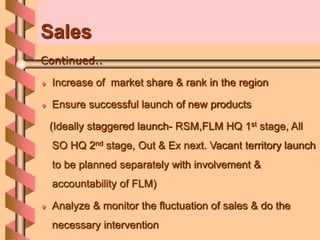 Sales
Continued..
 Increase of market share & rank in the region
 Ensure successful launch of new products
(Ideally staggered launch- RSM,FLM HQ 1st stage, All
SO HQ 2nd stage, Out & Ex next. Vacant territory launch
to be planned separately with involvement &
accountability of FLM)
 Analyze & monitor the fluctuation of sales & do the
necessary intervention
 