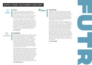 Stuart
Stuart is a disruptive B2B on-demand delivery
platform that connects retailers with local couriers,
enabling anyone to deliver anything at any time.
We’re powering the future of urban logistics, helping
both small and big businesses move their goods
through cities faster than anyone ever imagined.
From data scientists to restless couriers, designers
to operation managers, our strength rests upon our
plurality of skills and expertise, building up our unique
team. In less than three years, we grew up from 3 to
more than 136 employees with offices in 3 countries
and operations in 14 cities: Paris, Barcelona, London,
Madrid, Lyon, Toulouse, Bordeaux, Montpellier, Lille,
Strasbourg, Nantes, Sheffield, Newcastle, Leeds.
www.stuart.com
What3Words
what3words is the simplest way to talk about location.
It has divided the world into 3m x 3m squares, each
with a unique 3 word address. Now people can
refer to any precise location – a delivery entrance,
a picnic spot or a drone landing point – using three
simple words. what3words is used by businesses,
governments to operate more efficiently, and by
individuals to find and share places. It is integrated
into car navigation systems, used to deliver post in 9
countries to date, and is used by NGOs and disaster
response teams to save lives.
Why? what3words enables people to communicate any
precise location using three dictionary words. It is the
only addressing system based on words, providing a
human-friendly and memorable reference for any 3m
x 3m location on Earth, and it’s also unique in that it is
optimised for speech recognition. Every home, business
and delivery location now has a simple and accurate
address, allowing e-retailers and logistics providers
to reach more customers, provide better customer
experience and operate more efficiently. 3 word
addresses add value at every stage of the supply chain.
www.what3words.com
ZigZag Global
ZigZag is an award winning global returns solution
for retailers. On the front-end we provide a retailer
branded portal through which the customer can book
a return from a list of convenient returns options in
each country. On the back-end we provide a SAAS
platform that help the retailer track all returned items
throughout our network of 220 warehouses and 55
courier partners in 130 countries.
ZigZag helps retailers to take informed decisions on
which items to hold in-country for re-fulfilment, sale
on a local marketplace, local donation or recycling and
which items to consolidate and ship back based on
the value, grade and sales history of the goods. We
have helped retailers such as Arcadia and Selfridges
to cut returns costs by over 50% and journey times
by as much as 65%. It takes a customer less than
60 seconds to book a return and we have built up a
network of 325,000 drop off locations in Europe alone.
We are paperless across a large number of markets in
North America, Europe and APAC. We have helped one
major UK retailer to reduce the time it takes to refund
a customer from 20 days to 48 hours resulting in a
40% drop in refund related enquiries into the customer
services team.
www.zigzag.global
SUPPLY CHAIN, FULFILMENT & DELIVERY
 