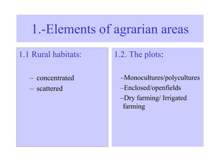 1.-Elements of agrarian areas
1.1 Rural habitats:
– concentrated
– scattered
1.2. The plots:
–Monocultures/polycultures
–Enclosed/openfields
–Dry farming/ Irrigated
farming
 