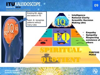 26-28 November
Santa Fe, Argentina
IQ
EQ
SPIRITUAL
QUOTIENT
• Intelligence
• Rational Clarity
• Scientific Decision
Making (dm)
• Empathy
• Sympathy
• Respecting
existence of
others
PURPOSE
PEACE
Existing ML algos
are based on IQ
Learn & recognise
patterns without
many rules
09
 