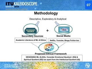26-28 November
Santa Fe, Argentina
Secondary Sources
Academic Literature of ML & Ethics
20XX
Social Media
Netflix, Youtube, Blogs,Fiction too
Proposed Ethical Framework
DESIGNING ML ALGOs- Consider Emotional Quotient (EQ) &
Spiritual Quotient (SQ) too apart from the Intellectual Quotient (IQ)
Methodology
Descriptive, Exploratory & Analytical
+
07
 