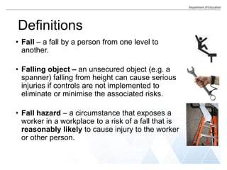 Definitions
• Fall – a fall by a person from one level to
another.
• Falling object – an unsecured object (e.g. a
spanner) falling from height can cause serious
injuries if controls are not implemented to
eliminate or minimise the associated risks.
• Fall hazard – a circumstance that exposes a
worker in a workplace to a risk of a fall that is
reasonably likely to cause injury to the worker
or other person.
 