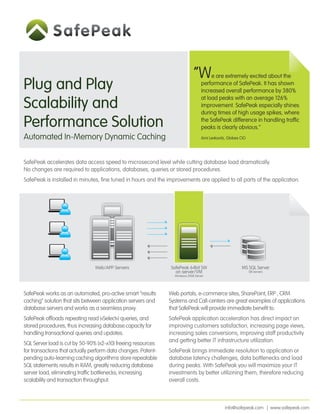 “W        e are extremely excited about the
Plug and Play                                                                     performance of SafePeak. It has shown
                                                                                  increased overall performance by 380%
                                                                                  at load peaks with an average 126%
Scalability and                                                                   improvement. SafePeak especially shines
                                                                                  during times of high usage spikes, where

Performance Solution                                                              the SafePeak difference in handling trafﬁc
                                                                                  peaks is clearly obvious.”
Automated In-Memory Dynamic Caching                                               Ami Levkovitz, Globes CIO




SafePeak accelerates data access speed to microsecond level while cutting database load dramatically.
No changes are required to applications, databases, queries or stored procedures.
SafePeak is installed in minutes, ﬁne tuned in hours and the improvements are applied to all parts of the application.




                                Web/APP Servers                SafePeak 64bit SW                        MS SQL Server
                                                                 on server/VM                                 DB Servers
                                                                 Windows 2008 Server




SafePeak works as an automated, pro-active smart “results      Web portals, e-commerce sites, SharePoint, ERP , CRM
caching” solution that sits between application servers and    Systems and Call-centers are great examples of applications
database servers and works as a seamless proxy.                that SafePeak will provide immediate beneﬁt to.
SafePeak ofﬂoads repeating read («Select») queries, and        SafePeak application acceleration has direct impact on
stored procedures, thus increasing database capacity for       improving customers satisfaction, increasing page views,
handling transactional queries and updates.                    increasing sales conversions, improving staff productivity
                                                               and getting better IT infrastructure utilization.
SQL Server load is cut by 50-90% (x2-x10) freeing resources
for transactions that actually perform data changes. Patent-   SafePeak brings immediate resolution to application or
pending auto-learning caching algorithms store repeatable      database latency challenges, data bottlenecks and load
SQL statements results in RAM, greatly reducing database       during peaks. With SafePeak you will maximize your IT
server load, eliminating trafﬁc bottlenecks, increasing        investments by better utilizining them, therefore reducing
scalability and transaction throughput.                        overall costs.



                                                                                               info@safepeak.com | www.safepeak.com
 