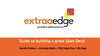 Guide to building a great Sales Deck
Identify Problem ->Articulate Needs ->Pitch Value Prop>WinDeals
 