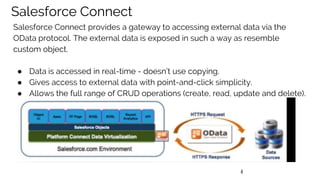 4
Salesforce Connect
Salesforce Connect provides a gateway to accessing external data via the
OData protocol. The external data is exposed in such a way as resemble
custom object.
● Data is accessed in real-time - doesn’t use copying.
● Gives access to external data with point-and-click simplicity.
● Allows the full range of CRUD operations (create, read, update and delete).
 