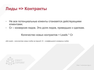 Лиды = >  Контракты Не все потенциальные клиенты становятся действующими клиентами; Cr –  конверсия лидов. Это доля лидов, приведших к сделкам. Количество новых контрактов =  Leads * Cr где  Leads  – количество новых лидов за период,  Cr  – коэффициент конверсии лидов 