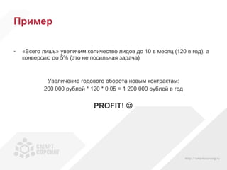 Пример «Всего лишь» увеличим количество лидов до 10 в месяц (120 в год), а конверсию до 5% (это не посильная задача) Увеличение годового оборота новым контрактам: 200 000 рублей * 120 * 0,05 = 1 200 000 рублей в год PROFIT!   