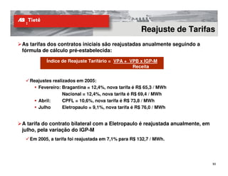 Reajuste de Tarifas
As tarifas dos contratos iniciais são reajustadas anualmente seguindo a
fórmula de cálculo pré-estabelecida:

          Índice de Reajuste Tarifário = VPA + VPB x IGP-M
                                                Receita


   Reajustes realizados em 2005:
      Fevereiro: Bragantina = 12,4%, nova tarifa é R$ 65,3 / MWh
                  Nacional = 12,4%, nova tarifa é R$ 69,4 / MWh
      Abril:      CPFL = 10,6%, nova tarifa é R$ 73,8 / MWh
      Julho       Eletropaulo = 9,1%, nova tarifa é R$ 76,0 / MWh


A tarifa do contrato bilateral com a Eletropaulo é reajustada anualmente, em
julho, pela variação do IGP-M
   Em 2005, a tarifa foi reajustada em 7,1% para R$ 132,7 / MWh.
 