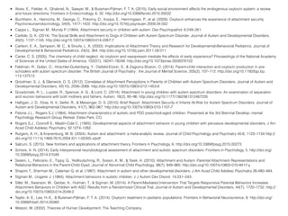 • Alves, E., Fielder, A., Ghabriel, N., Sawyer, M., & Buisman-Pijlman, F. T. A. (2015). Early social environment affects the endogenous oxytocin system: a review
and future directions. Frontiers in Endocrinology, 6, 32. http://doi.org/10.3389/fendo.2015.00032
• Buchheim, A., Heinrichs, M., George, C., Pokorny, D., Koops, E., Henningsen, P., et al. (2009). Oxytocin enhances the experience of attachment security.
Psychoneuroendocrinology, 34(9), 1417–1422. http://doi.org/10.1016/j.psyneuen.2009.04.002
• Capps L., Sigman M., Mundy P. (1994). Attachment security in children with autism. Dev Psychopathol. 6:249–261.
• Carlisle, G. K. (2014). The Social Skills and Attachment to Dogs of Children with Autism Spectrum Disorder. Journal of Autism and Developmental Disorders,
45(5), 1137–1145. http://doi.org/10.1007/s10803-014-2267-7
• Carlson, E. A., Sampson, M. C., & Sroufe, L. A. (2003). Implications of Attachment Theory and Research for Developmental-Behavioral Pediatrics. Journal of
Developmental & Behavioral Pediatrics, 24(5), 364. http://doi.org/10.1016/j.pain.2011.09.011
• Carter, C. S. (2005). The chemistry of child neglect: do oxytocin and vasopressin mediate the effects of early experience? Proceedings of the National Academy
of Sciences of the United States of America, 102(51), 18247–18248. http://doi.org/10.1073/pnas.0509376102
• Feldman, R., Golan, O., Hirschler-Guttenberg, Y., Ostfeld-Etzion, S., & Zagoory-Sharon, O. (2014). Parent-child interaction and oxytocin production in pre-
schoolers with autism spectrum disorder. The British Journal of Psychiatry : the Journal of Mental Science, 205(2), 107–112. http://doi.org/10.1192/bjp.bp.
113.137513
• Goodman, S. J., & Glenwick, D. S. (2012). Correlates of Attachment Perceptions in Parents of Children with Autism Spectrum Disorders. Journal of Autism and
Developmental Disorders, 42(10), 2056–2066. http://doi.org/10.1007/s10803-012-1453-8
• Grzadzinski, R. L., Luyster, R., Spencer, A. G., & Lord, C. (2014). Attachment in young children with autism spectrum disorders: An examination of separation
and reunion behaviors with both mothers and fathers. Autism, 18(2), 85–96. http://doi.org/10.1177/1362361312467235
• Haltigan, J. D., Ekas, N. V., Seifer, R., & Messinger, D. S. (2010). Brief Report: Attachment Security in Infants At-Risk for Autism Spectrum Disorders. Journal of
Autism and Developmental Disorders, 41(7), 962–967. http://doi.org/10.1007/s10803-010-1107-7
• Patone J.L., Rogers S.J. (1984). Attachment characteristics of autistic and PDD preschool-aged children. Presented at the 3rd Biennial Develop- mental
Psychology Research Group Retreat. Estes Park, CO.
• Rogers S.J., Ozonoff S., Maslin-Cole C. (1993). Developmental aspects of attachment behavior in young children with pervasive developmental disorders. J Am
Acad Child Adolesc Psychiatry. 32:1274–1282.
• Rutgers, A. H., & Kranenburg, M. B. (2004). Autism and attachment: a meta‐analytic review. Journal of Child Psychology and Psychiatry 45:6, 1123–1134 http://
doi.org/10.1111/j.1469-7610.2004.t01-1-00305.x/pdf
• Salcuni, S. (2015). New frontiers and applications of attachment theory. Frontiers in Psychology, 6. http://doi.org/10.3389/fpsyg.2015.00273
• Schore, A. N. (2014). Early interpersonal neurobiological assessment of attachment and autistic spectrum disorders. Frontiers in Psychology, 5. http://doi.org/
10.3389/fpsyg.2014.01049
• Seskin, L., Feliciano, E., Tippy, G., Yedloutschnig, R., Sossin, K. M., & Yasik, A. (2010). Attachment and Autism: Parental Attachment Representations and
Relational Behaviors in the Parent-Child Dyad. Journal of Abnormal Child Psychology, 38(7), 949–960. http://doi.org/10.1007/s10802-010-9417-y
• Shapiro T., Sherman M., Calamari G, et al. (1987). Attachment in autism and other developmental disorders. J Am Acad Child Adolesc Psychiatry 26:480–484.
• Sigman M., Ungerer J. (1984). Attachment behaviors in autistic children. z J Autism Dev Disord. 14:231–243.
• Siller, M., Swanson, M., Gerber, A., Hutman, T., & Sigman, M. (2014). A Parent-Mediated Intervention That Targets Responsive Parental Behaviors Increases
Attachment Behaviors in Children with ASD: Results from a Randomized Clinical Trial. Journal of Autism and Developmental Disorders, 44(7), 1720–1732. http://
doi.org/10.1007/s10803-014-2049-2
• Taylor, A. E., Lee, H.-E., & Buisman-Pijlman, F. T. A. (2014). Oxytocin treatment in pediatric populations. Frontiers in Behavioral Neuroscience, 8. http://doi.org/
10.3389/fnbeh.2014.00360
• Watson, M. (2002). Theories of Human Development. The Teaching Company.
 