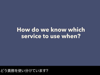 How do we know which
service to use when?
どう責務を使い分けています?
 