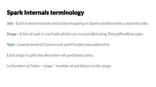 Job - Each transformation and action mapping in Spark would create a separate jobs.
Stage - A Set of task in each job which can run parallel using ThreadPoolExecutor.
Task - Lowest level of Concurrent and Parallel execution Unit.
Each stage is split into #number-of-partitions tasks,
i.e Number of Tasks = stage * number of partitions in the stage
 