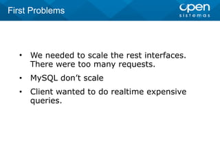 • We needed to scale the rest interfaces.
There were too many requests.
• MySQL don’t scale
• Client wanted to do realtime expensive
queries.
First Problems
 