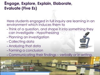 Here students engaged in full inquiry are learning in an
environment which induces them to
• Think of a question, and shape it into something they
can investigate - Hypothesizing
• Planning an investigation
• Collecting data
• Analyzing that data
• Forming a conclusion
• Communicating their findings – verbally or in writing.
Engage, Explore, Explain, Elaborate,
Evaluate (Five Es)
 