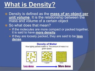 What is Density?
 Density is defined as the mass of an object per
unit volume. It is the relationship between the
mass and volume of a certain object
 So what does that mean?
 If the molecules are more compact or packed together,
it is said to have more density.
 If they are loosely packed, they are said to be less
dense.
 