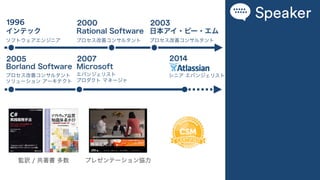 1996
インテック
ソフトウェアエンジニア
2000
Rational Software
プロセス改善コンサルタント
2003
日本アイ・ビー・エム
プロセス改善コンサルタント
2005
Borland Software
プロセス改善コンサルタント
ソリューション アーキテクト
2007
Microsoft
エバンジェリスト
プロダクト マネージャ
2014
シニア エバンジェリスト
監訳 / 共著書 多数 プレゼンテーション協力
Speaker
 