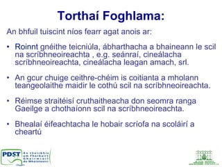 Torthaí Foghlama:
An bhfuil tuiscint níos fearr agat anois ar:
•  Roinnt gnéithe teicniúla, ábharthacha a bhaineann le scil
na scríbhneoireachta , e.g. seánraí, cineálacha
scríbhneoireachta, cineálacha leagan amach, srl.
•  An gcur chuige ceithre-chéim is coitianta a mholann
teangeolaithe maidir le cothú scil na scríbhneoireachta.
•  Réimse straitéisí cruthaitheacha don seomra ranga
Gaeilge a chothaíonn scil na scríbhneoireachta.
•  Bhealaí éifeachtacha le hobair scríofa na scoláirí a
cheartú
 