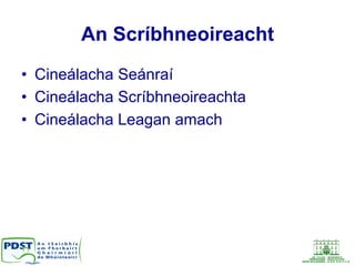 An Scríbhneoireacht
•  Cineálacha Seánraí
•  Cineálacha Scríbhneoireachta
•  Cineálacha Leagan amach
 