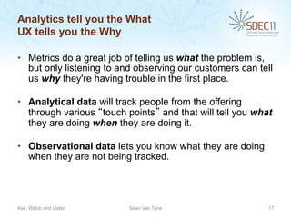 Analytics tell you the What
UX tells you the Why

•  Metrics do a great job of telling us what the problem is,
   but only listening to and observing our customers can tell
   us why they're having trouble in the first place.

•  Analytical data will track people from the offering
   through various “touch points” and that will tell you what
   they are doing when they are doing it.

•  Observational data lets you know what they are doing
   when they are not being tracked.




Ask, Watch and Listen     Sean Van Tyne                     17
 