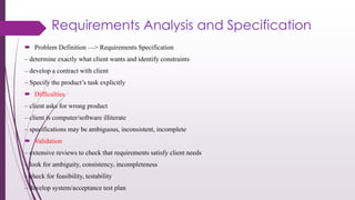 Requirements Analysis and Specification
 Problem Definition —> Requirements Specification
– determine exactly what client wants and identify constraints
– develop a contract with client
– Specify the product’s task explicitly
 Difficulties
– client asks for wrong product
– client is computer/software illiterate
– specifications may be ambiguous, inconsistent, incomplete
 Validation
– extensive reviews to check that requirements satisfy client needs
– look for ambiguity, consistency, incompleteness
– check for feasibility, testability
– develop system/acceptance test plan
 