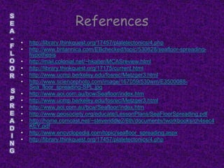 References
•   http://library.thinkquest.org/17457/platetectonics/4.php
•   http://www.britannica.com/EBchecked/topic/530828/seafloor-spreading-
    hypothesis
•   http://mail.colonial.net/~hkaiter/MCASreview.html
•   http://library.thinkquest.org/17175/current.html
•   http://www.ucmp.berkeley.edu/fosrec/Metzger3.html
•   http://www.sciencephoto.com/image/167059/530wm/E3500088-
    Sea_floor_spreading-SPL.jpg
•   http://www.aoi.com.au/bcw/Seafloor/index.htm
•   http://www.ucmp.berkeley.edu/fosrec/Metzger3.html
•   http://www.aoi.com.au/bcw/Seafloor/index.htm
•   http://www.geosociety.org/educate/LessonPlans/SeaFloorSpreading.pdf
•   http://home.comcast.net/~steveriddle2/6th/documents/!workbooks/ch4sec4
    KEY.pdf
•   http://www.encyclopedia.com/topic/seafloor_spreading.aspx
•   http://library.thinkquest.org/17457/platetectonics/4.php
 